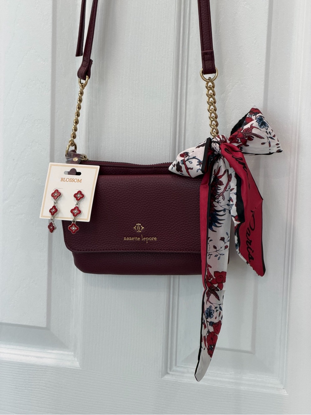 Nanette Lepore Burgundy Crossbody with Floral Scarf Accent & earrings